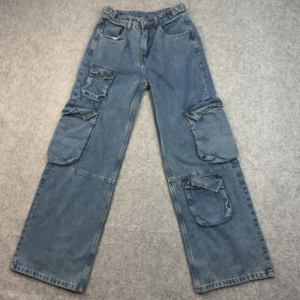 Young LA Women's Jeans Medium Wash Blue Medium Denim Wide Leg Cargo High Rise